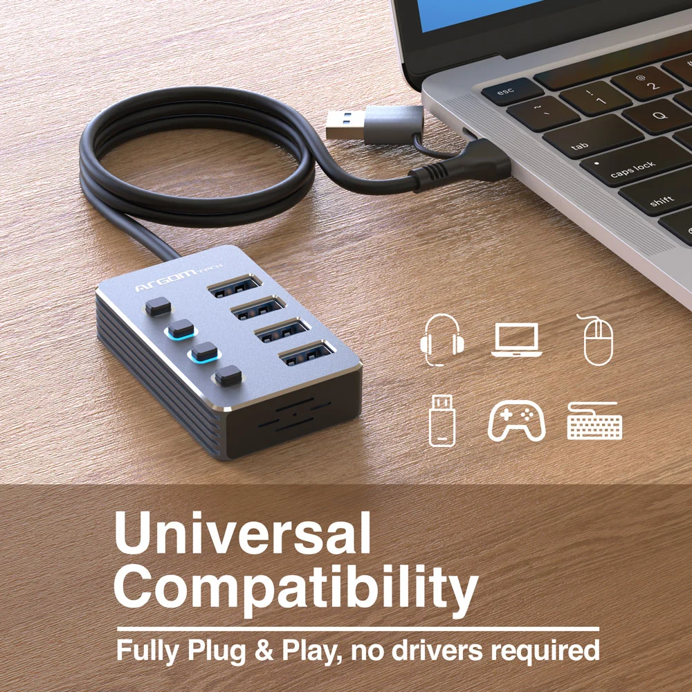 HUB USB A+C CON 4 PUERTOS USB 3.0 INTERRUPTOR ON/OFF 5GBPS CON CABLE DE 0.5MTS