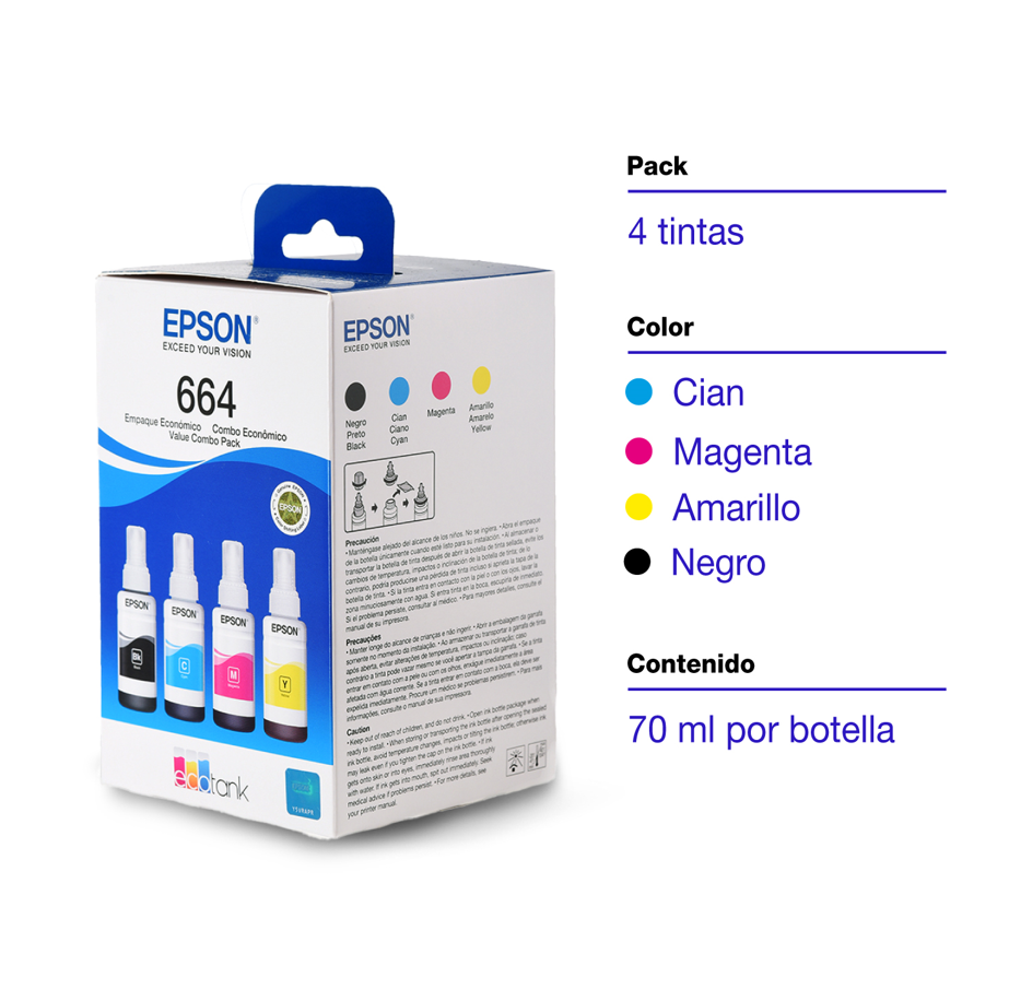 Epson T664 - Paquete de 3 - 70 ml - amarillo, cián, magenta - original - recarga de tinta - para Epson L120, L1300, L310, L380, L395, L495; EcoTank L310, L575
