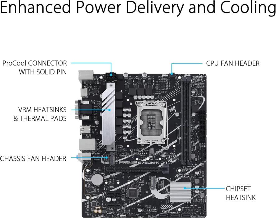 ASUS PRIME B760M-K D4 - Placa base - micro ATX - Socket LGA1700 - B760 Chipset - USB 3.2 Gen 1 - 2.5 Gigabit LAN - Tarjeta gráfica (CPU necesaria) - HD Audio (8-canales)