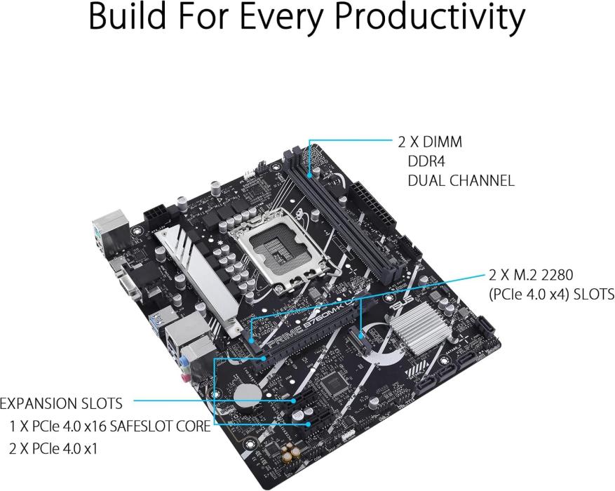 ASUS PRIME B760M-K D4 - Placa base - micro ATX - Socket LGA1700 - B760 Chipset - USB 3.2 Gen 1 - 2.5 Gigabit LAN - Tarjeta gráfica (CPU necesaria) - HD Audio (8-canales)