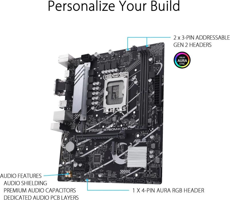 ASUS PRIME B760M-K D4 - Placa base - micro ATX - Socket LGA1700 - B760 Chipset - USB 3.2 Gen 1 - 2.5 Gigabit LAN - Tarjeta gráfica (CPU necesaria) - HD Audio (8-canales)