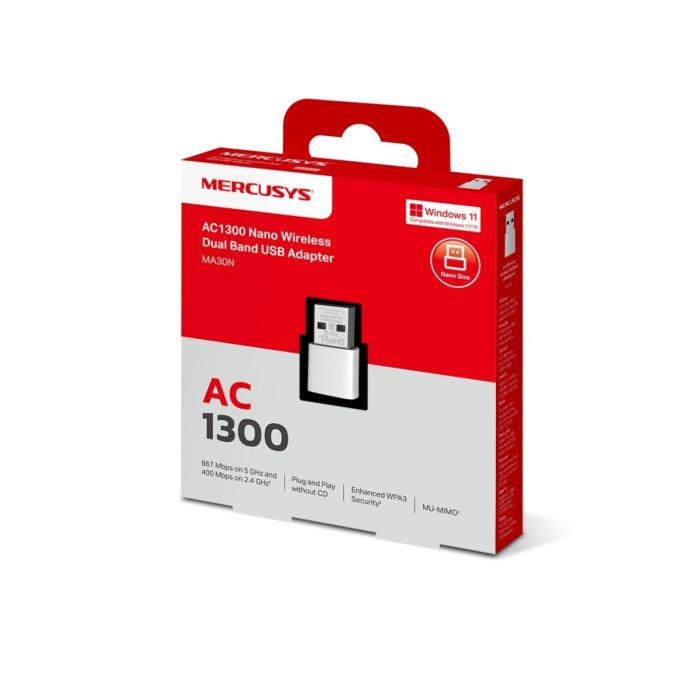 ADAPTADOR DE RED MERCUSYS MA30N(US) DUAL BAND USB 2.0  867 MBPS (5 GHz) + 400 MBPS (2,4 GHz)