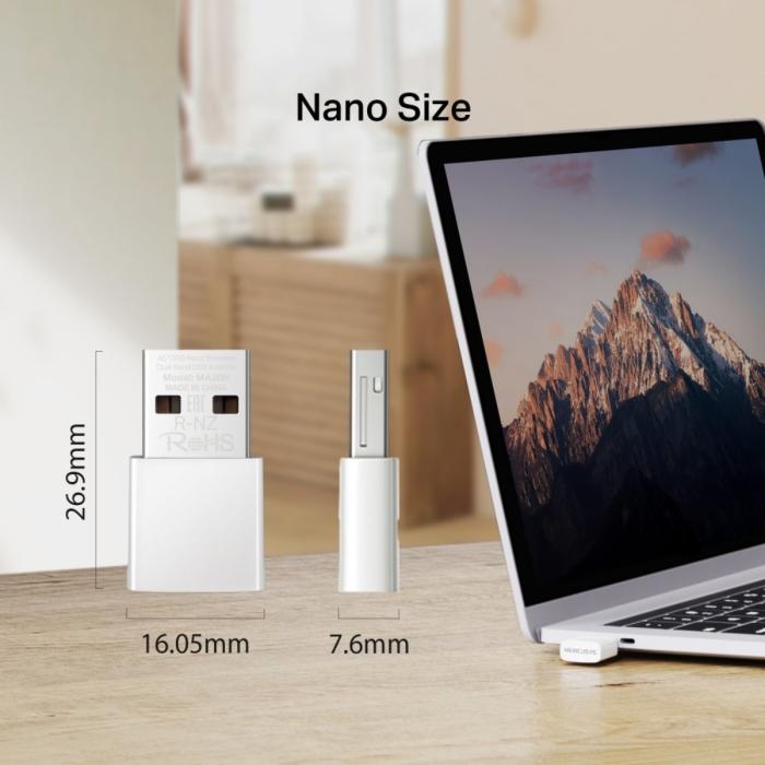 ADAPTADOR DE RED MERCUSYS MA30N(US) DUAL BAND USB 2.0  867 MBPS (5 GHz) + 400 MBPS (2,4 GHz)
