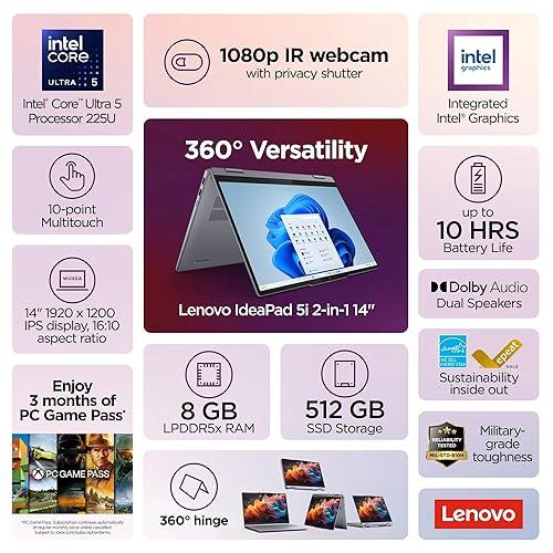 LAPTOP LENOVO IDEAPAD 5 2-IN-1 14PLG I5-225U 8GB 512GB TOUCH WIN 11 INGLES 83KR0047US GRIS