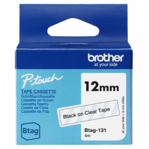 CINTA DE ETIQUETADO BROTHER BTAG131 12MM X 4M COMPATIBLE CON P-TOUCH NEGRO SOBRE FONDO TRANSPARENTE