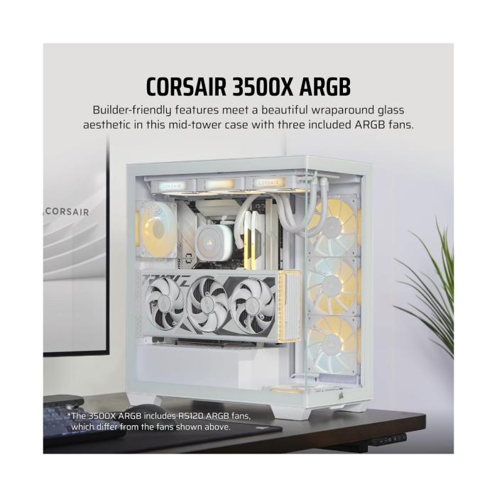 CASE CORSAIR 3500X ARGB WHITE MID TOWER VENTILADORES 3 DE 120MM CON VIDRIO LATERAL Y FRONTAL CC-9011279-WW