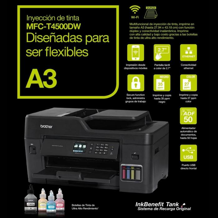 IMPRESORA BROTHER MFCT4500DW MULTIFUNCIONAL DE INYECCION DE TINTA WI-FI / ETHERNET / USB 2.0 IMPRESIÓN DUPLEX
