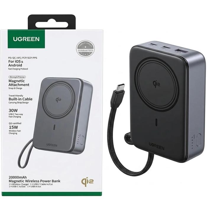 POWER BANK UGREEN PB567 20000MAH USB-C INALÁMBRICO MAGNÉTICO QI2 CARGA RÁPIDA 55450B NEGRO