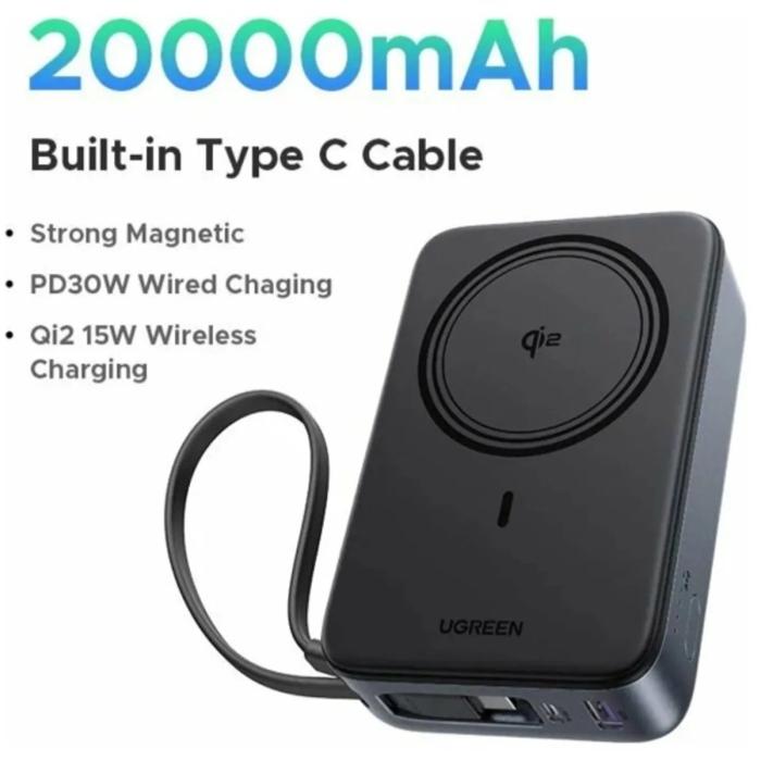 POWER BANK UGREEN PB567 20000MAH USB-C INALÁMBRICO MAGNÉTICO QI2 CARGA RÁPIDA 55450B NEGRO