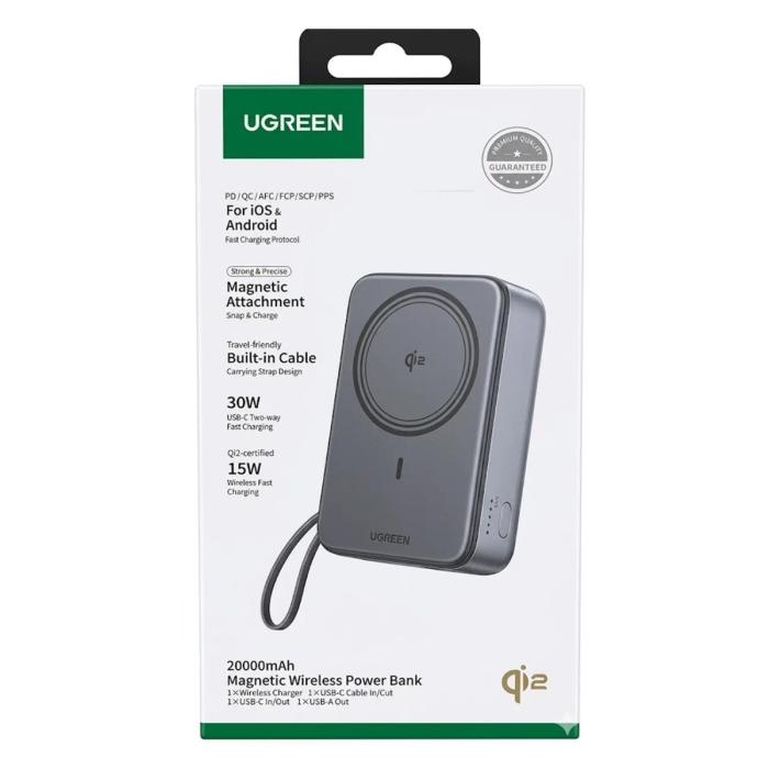 POWER BANK UGREEN PB567 20000MAH USB-C INALÁMBRICO MAGNÉTICO QI2 CARGA RÁPIDA 55450B NEGRO