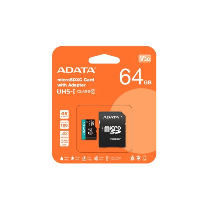 MEMORIA MICRO SD 64GB ADATA 4K V30 COMPATIBLE CON DRONES Y NINTENDO AUSDX64GUI3V30SA2-RA1