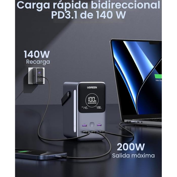 POWER BANK UGREEN PB770 48000MAH 300W 5 PUERTOS CARGA RAPIDA PORTATIL 25286 GRIS