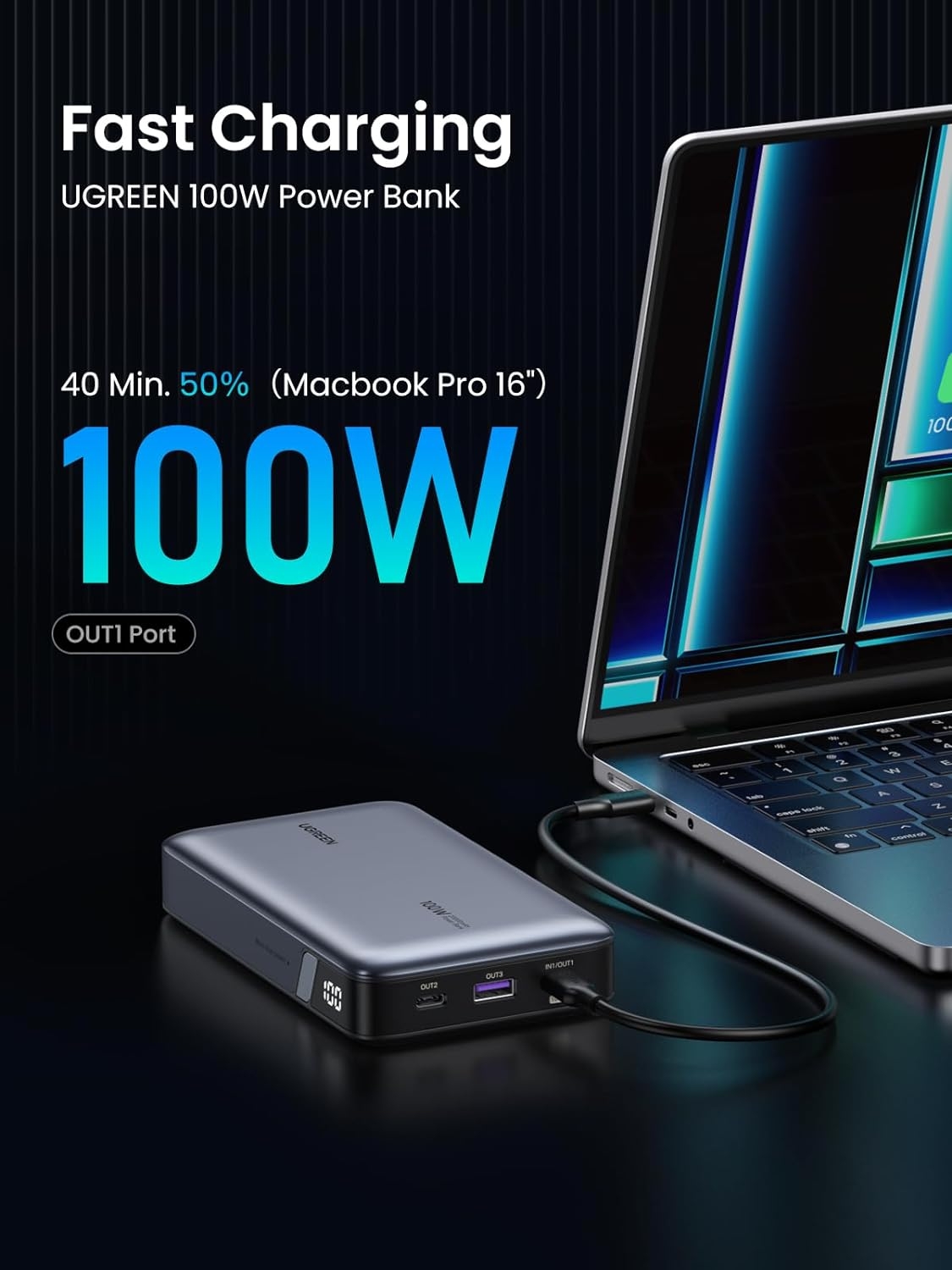 POWER BANK UGREEN PB720 NEXODE 20000MAH USB-C / USB-A PANTALLA LED CARGA RÃ•PIDA 100W 25188 GRIS