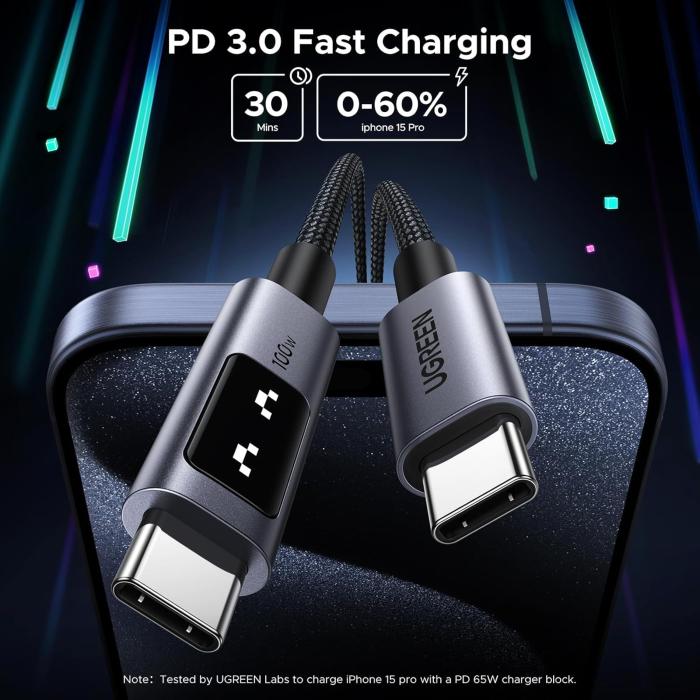 CABLE USB-C A USB-C UGREEN L509 100W 2M CON LED DISPLAY 35512