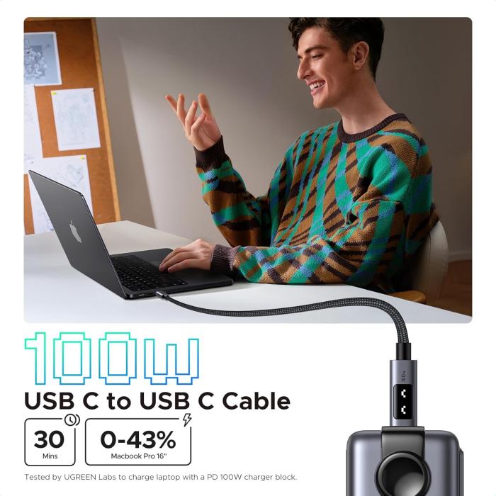 CABLE USB-C A USB-C UGREEN L509 100W 2M CON LED DISPLAY 35512