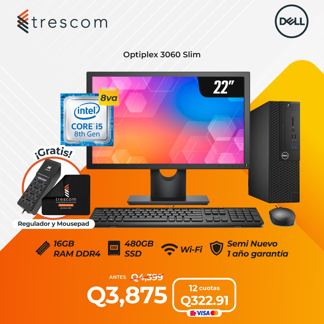 Optiplex 3060 Slim / Pantalla de 22" / 16GB de RAM DDR4/480GB SSD , Semi nuevo 1 año de Garantía