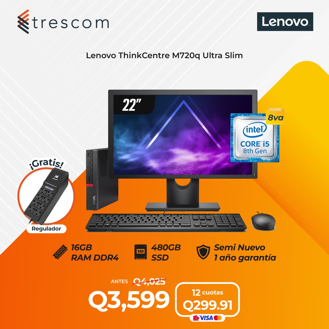 CPU Lenovo ThinkCentre M720q Ultra Slim, Core i5 8va. Generación, 16GB RAM DDR4, 480GB SSD, 1 año de garantía / Medio Uso