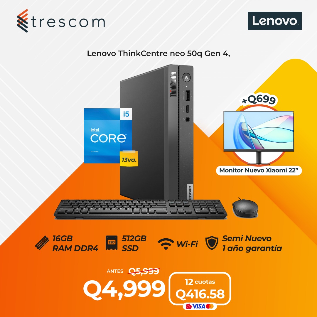 CPU Lenovo ThinkCentre neo 50q Gen 4, Core i5-13420H, 16GB RAM DDR4, 512GB SSD, Wi-Fi integrado, Windows 11 Profesional y 1 año de garantia - 12LM000FLS / Semi-Nuevo